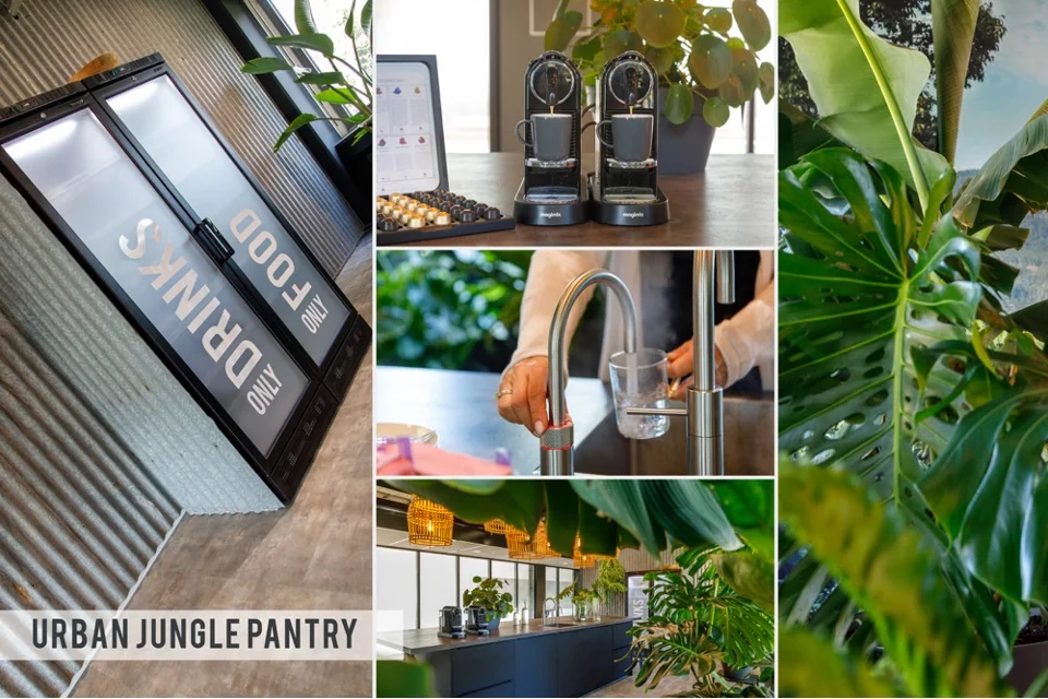 Collage van een moderne pantry met koffieapparaten, een watertap, een koelkast en weelderige plantendecoratie in urban jungle-stijl.